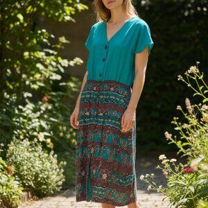 Blue and Green Buttoned V-Neck Midi Sundress